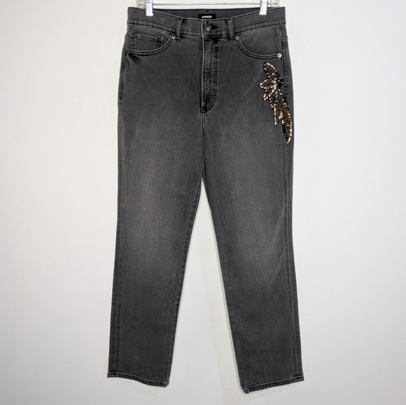 Express Grey/Black Brown Bead Embellished Slim Super High Rise Denim Jean 10 - Picture 1 of 13